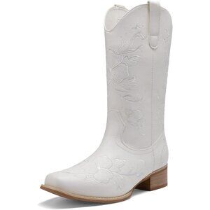 Women's White Western Cowboy Boots Square Toe Embroidered Mid Calf Chunky